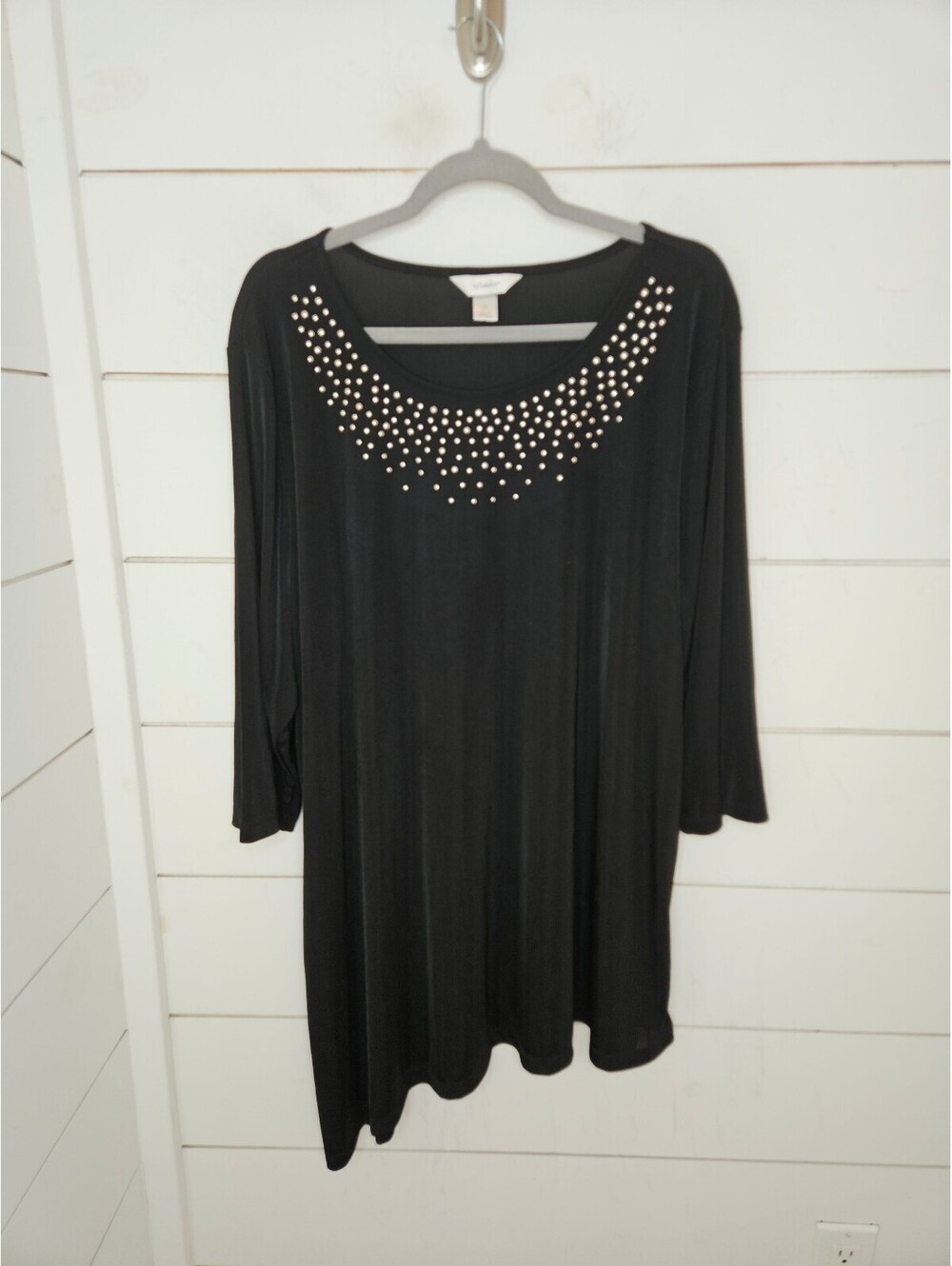 CJ Banks 2X black with silver studs at scoop neckline asymmetrical bottom shirt